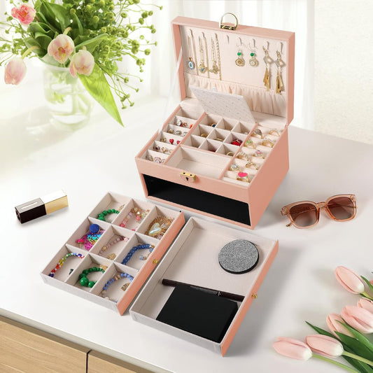 Joyero de 3 capas, soporte para joyas con cajón con cerradura,