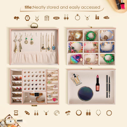 Joyero de 3 capas, soporte para joyas con cajón con cerradura,