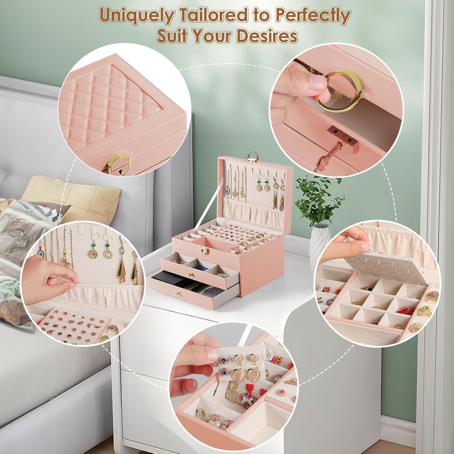 Joyero de 3 capas, soporte para joyas con cajón con cerradura,