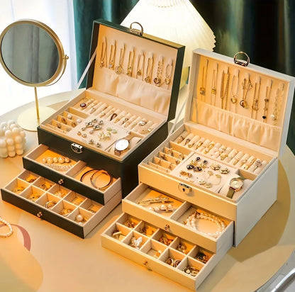 Joyero de 3 capas, soporte para joyas con cajón con cerradura,